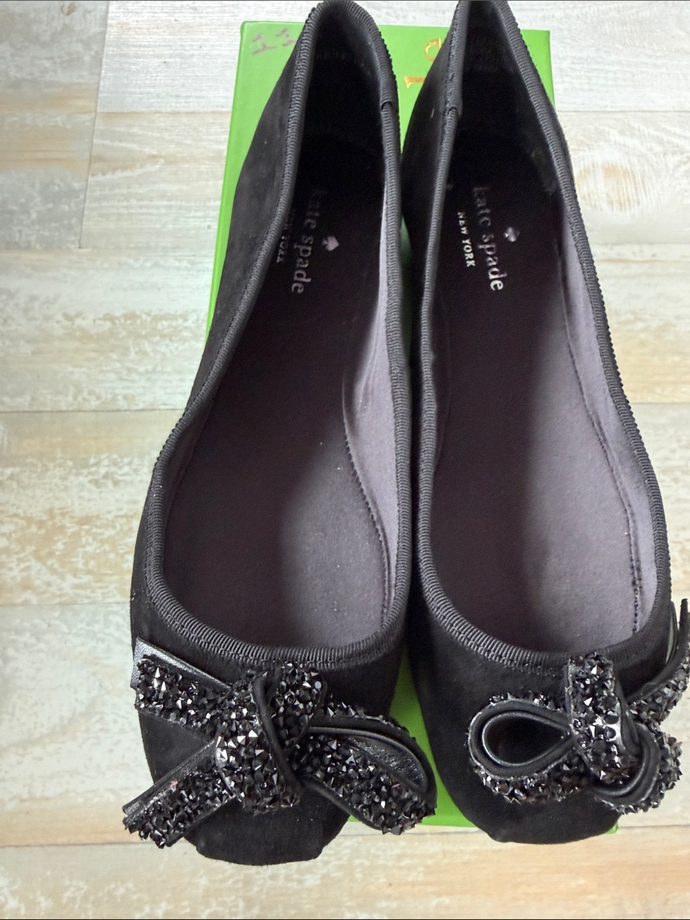 kate spade Black Suede Bow Flats with Crystal Accents